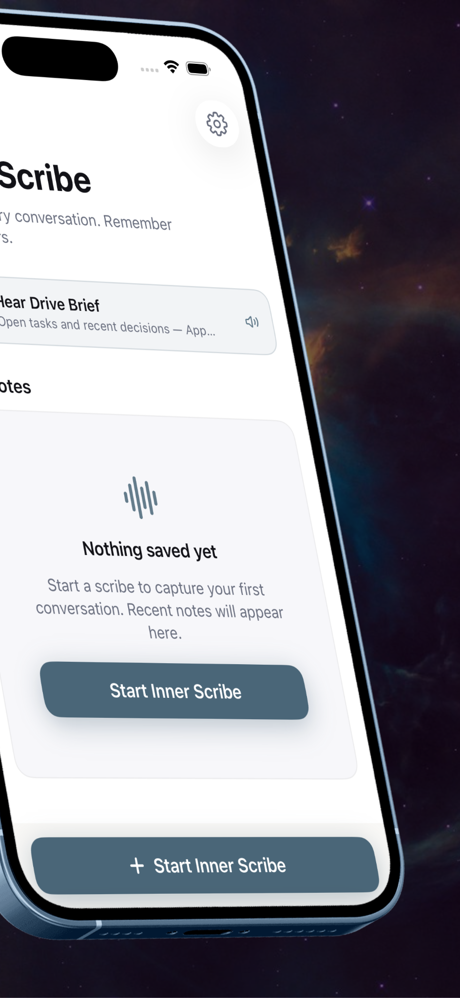 Inner Scribe Ask AI screen with questions about action items and decisions