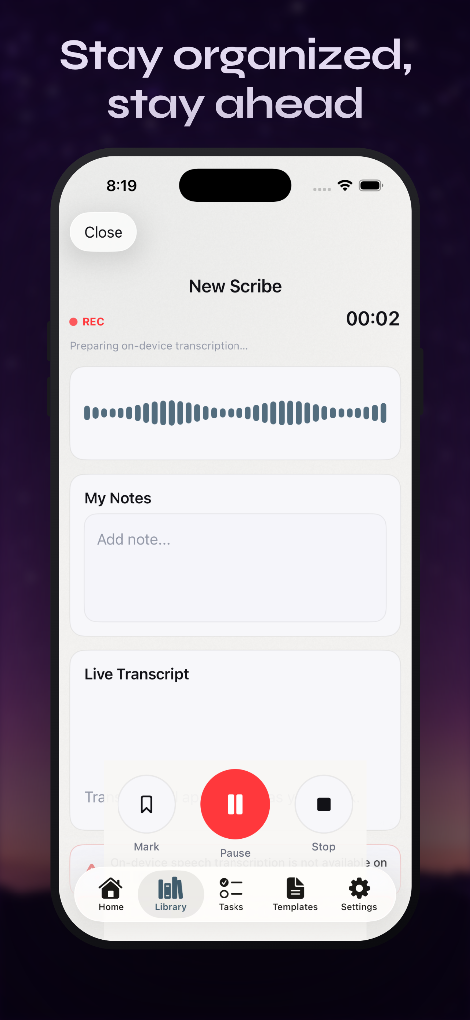 Inner Scribe templates including sales call, interview, lecture, and one-on-one