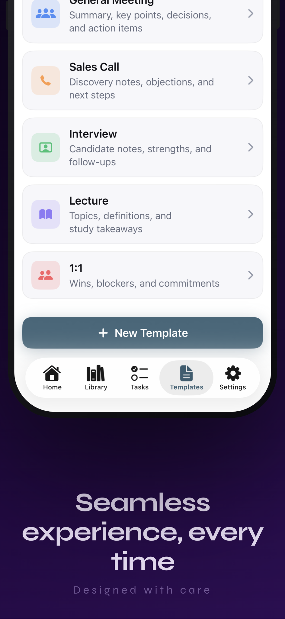 Inner Scribe recording screen with live transcript and controls